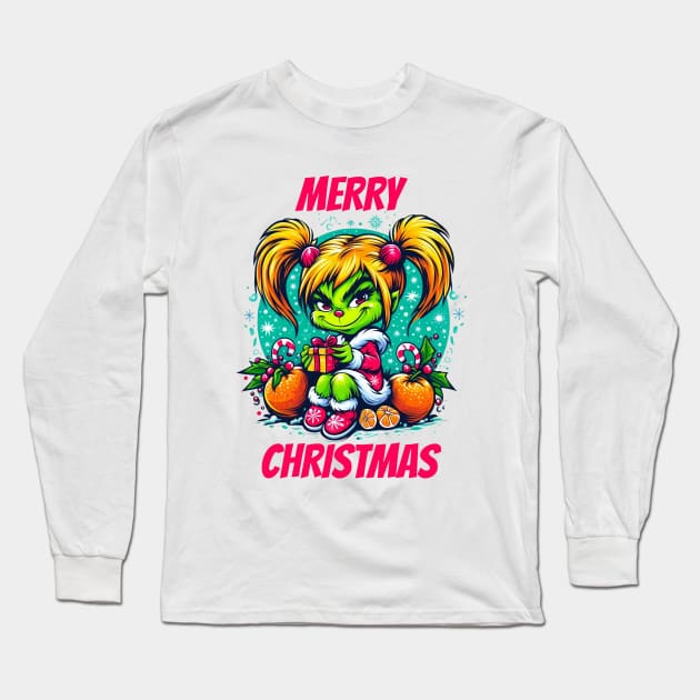 Grinch Christmas Girl Long Sleeve T-Shirt by BukovskyART